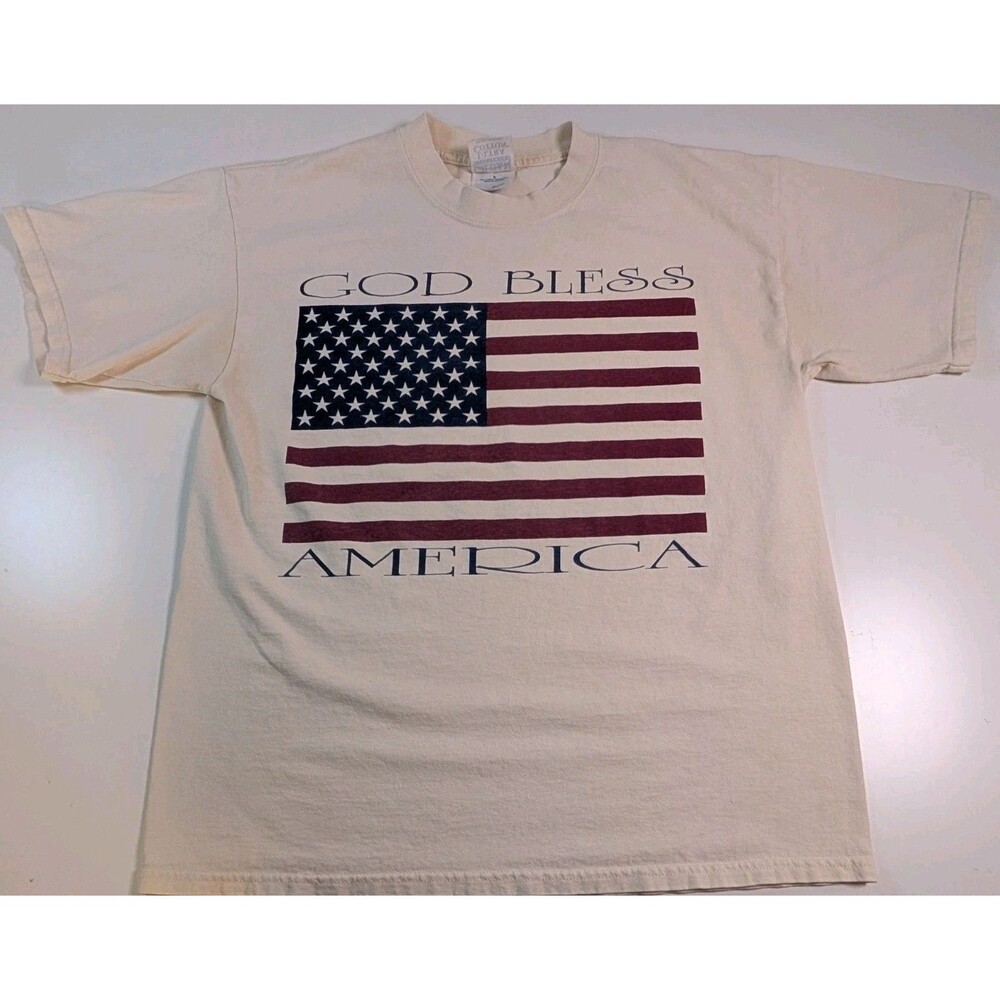 Vintage 90s, 2000s God Bless America Cream Color Gildan Ultra Cotton Size L
